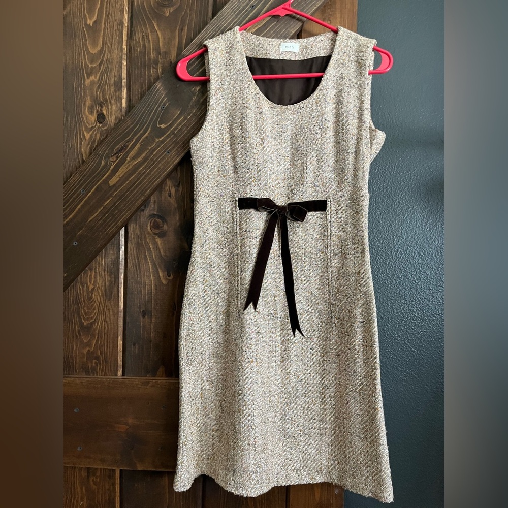 Elegant Cream Tweed Dress with Brown Accents